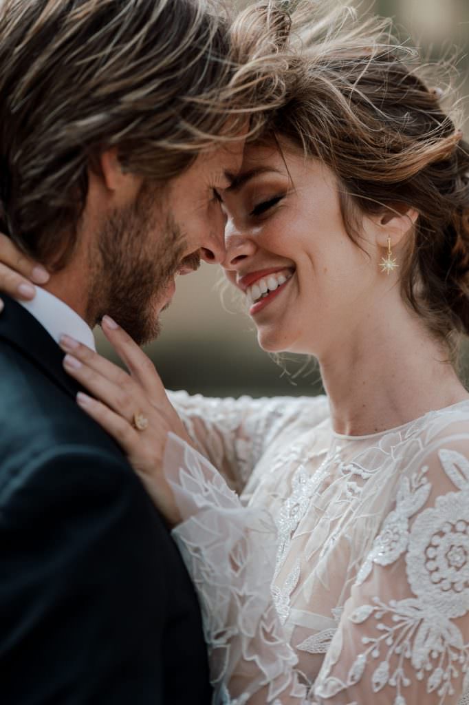 wedding photography close-up of couple touching foreheads and smiling